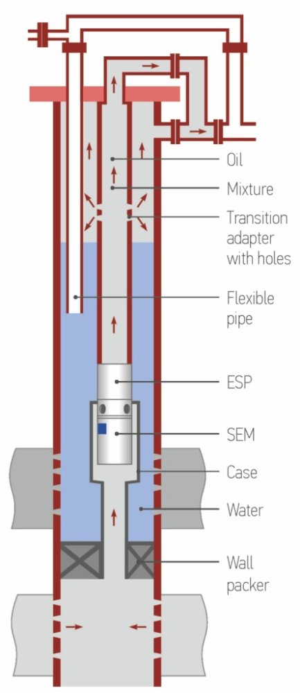 Double-action pumping system with discharge of a part of associated water to the intake formation